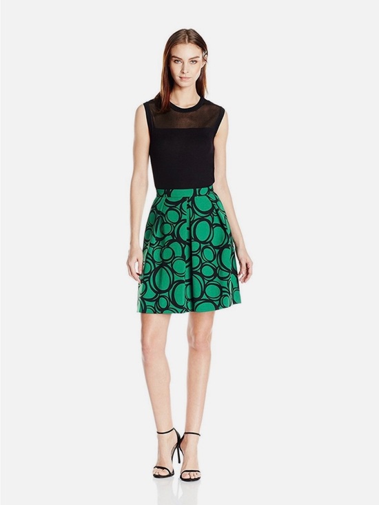 Anne Klein Dresses & Skirts - Anne Klein Emerald Green & Black Circle-Print Skater Skirt
